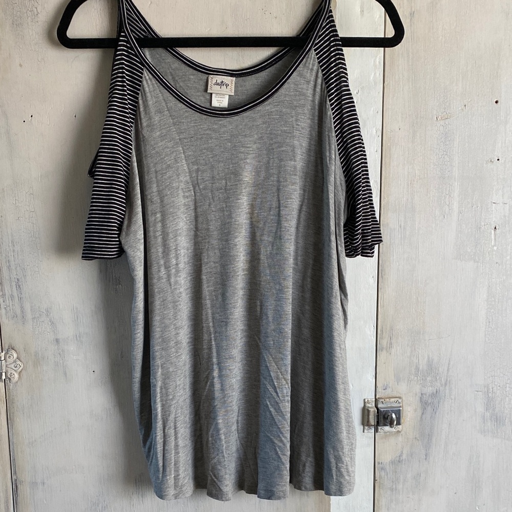 Daytrip Gray Top with Striped Off The Shoulder Sleeves